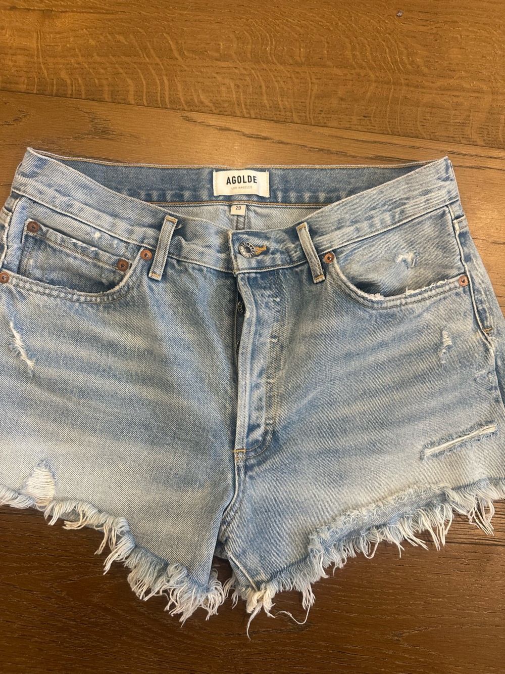 Agolde Light Blue Distressed Frayed-Hem Denim Shorts